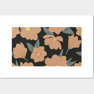 Warm peachy magnolias pattern on dark Posters and Art